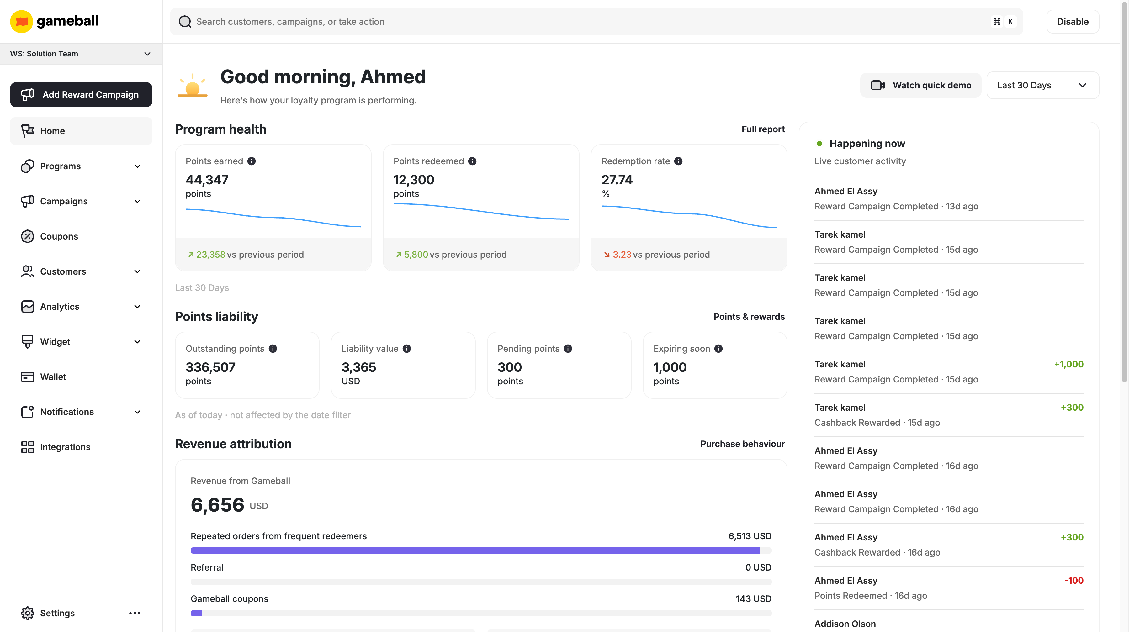 Gameball Home page showing program health, points liability and live customer activity